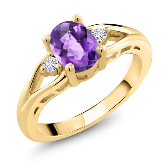 18K Yellow Gold Plated Silver Purple Amethyst and White Moissanite 3 Stone Engagement Ring for Women | 1.28 Cttw | Oval Checkerboard 8X6MM | Round 2MM | Gemstone February Birthstone | Size 8