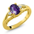 thumbnail image 1 of 18K Yellow Gold Plated Silver Purple Amethyst and White Moissanite 3 Stone Engagement Ring for Women | 1.28 Cttw | Oval Checkerboard 8X6MM | Round 2MM | Gemstone February Birthstone | Size 7, 1 of 5