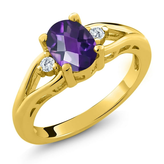 18K Yellow Gold Plated Silver Purple Amethyst and White Moissanite 3 Stone Engagement Ring for Women | 1.28 Cttw | Oval Checkerboard 8X6MM | Round 2MM | Gemstone February Birthstone | Size 5