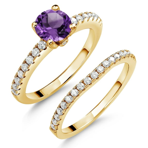 18K Yellow Gold Plated Silver Purple Amethyst and White Moissanite Wedding Engagement Band Bridal Set Ring for Women (1.49 Cttw, Gemstone February Birthstone, Available in Size 5, 6, 7, 8, 9)