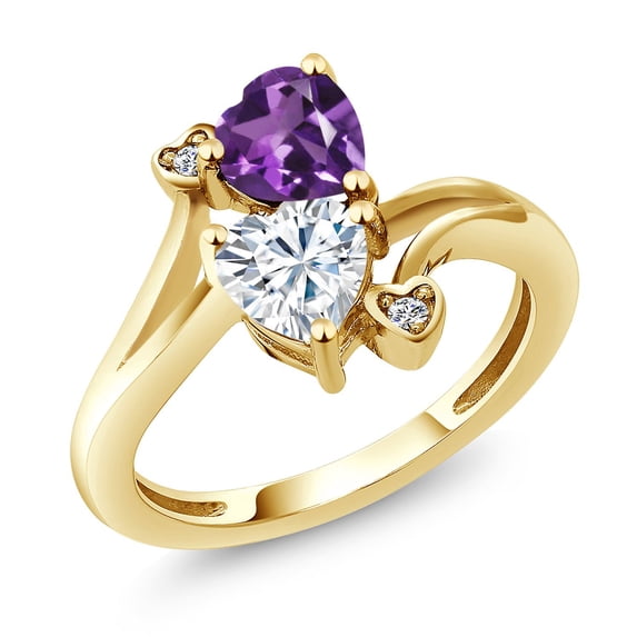 Gem Stone King 18K Yellow Gold Plated Silver Purple Amethyst White Moissanite and White Lab Grown Diamond Ring for Women (1.63 Cttw, Heart Shape 6MM, Gemstone February Birthstone, Size 5)