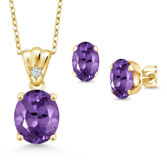 18K Yellow Gold Plated Silver Purple Amethyst and White Zirconia Pendant and Earrings Jewelry Set for Women (5.53 Cttw, Gemstone Birthstone, Oval 11X9MM and 8X6MM with 18 inch Silver Chain)