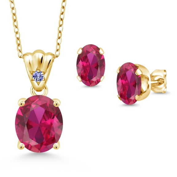 18K Yellow Gold Plated Silver Red Created Ruby and Blue Tanzanite Pendant and Earrings Jewelry Set for Women (6.74 Cttw, Gemstone Birthstone, Oval 11X9MM and 8X6MM with 18 inch Silver Chain)