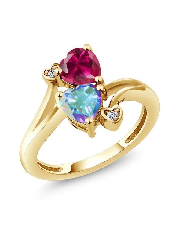 18K Yellow Gold Plated Silver Red Created Ruby Mercury Mist Mystic Topaz and White Diamond Ring for Women (1.95 Cttw, Heart Shape 6MM, Gemstone July Birthstone, Size 9)