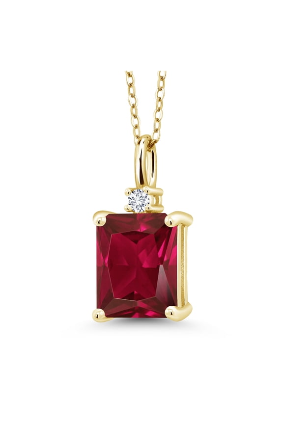 18K Yellow Gold Plated Silver Red Created Ruby and White Lab Grown Diamond Pendant Necklace for Women (3.84 Cttw, Gemstone July Birthstone, Emerald Cut 10X8MM with 18 inch Silver Chain)