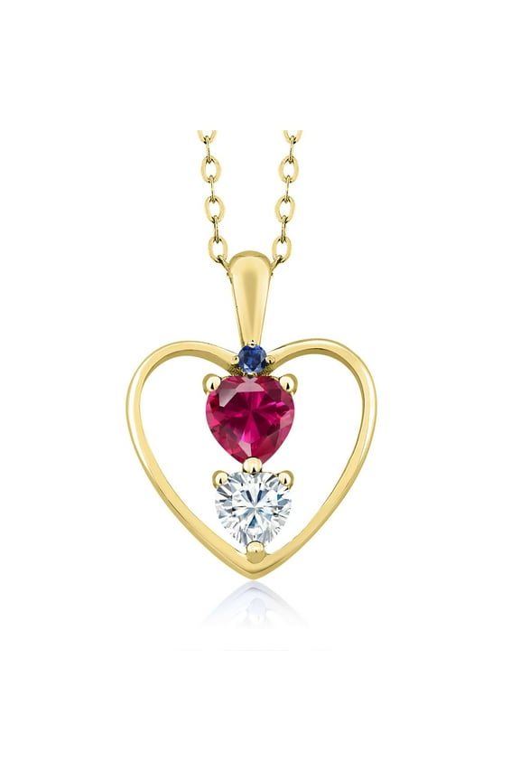 18K Yellow Gold Plated Silver Red Created Ruby White Moissanite and Blue Created Sapphire Pendant Necklace for Women (0.84 Cttw, Gemstone Birthstone, Heart 5MM and 4MM, with 18 inch Silver Chain)