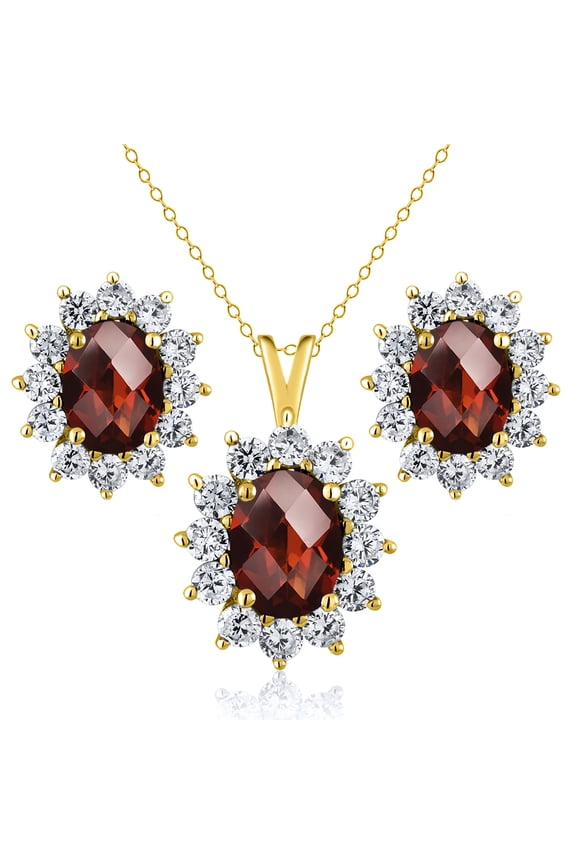 18K Yellow Gold Plated Silver Red Garnet Pendant and Earrings Jewelry Set for Women (3.60 Cttw, Gemstone January Birthstone, Oval Checkerboard 8X6MM and 7X5MM, with 18 inch Silver Chain)