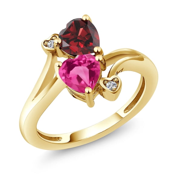 Gem Stone King 18K Yellow Gold Plated Silver Red Garnet Pink Created Sapphire and White Moissanite Ring for Women (1.83 Cttw, Heart Shape 6MM, Gemstone January Birthstone, Size 8)