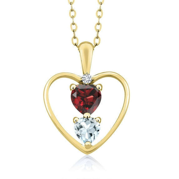 18K Yellow Gold Plated Silver Red Garnet Sky Blue Aquamarine and White Lab Grown Diamond Pendant Necklace for Women (0.86 Cttw, Gemstone Birthstone, Heart 5MM and 4MM, with 18 inch Silver Chain)
