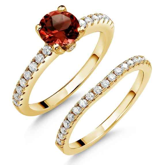 18K Yellow Gold Plated Silver Red Garnet and White Moissanite Wedding Engagement Band Bridal Set Ring for Women (1.49 Cttw, Gemstone January Birthstone, Available in Size 5, 6, 7, 8, 9)