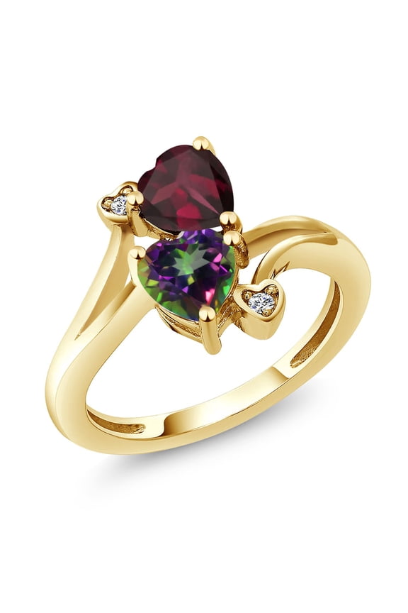 18K Yellow Gold Plated Silver Red Rhodolite Garnet Green Mystic Topaz and White Lab Grown Diamond Ring for Women (1.70 Cttw, Heart Shape 6MM, Gemstone Birthstone, Size 7)