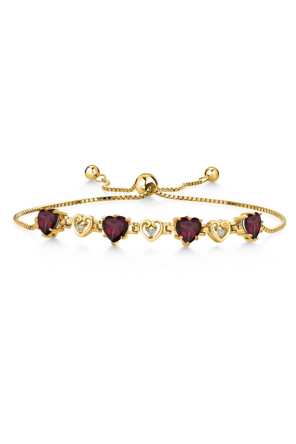 18K Yellow Gold Plated Silver Red Rhodolite Garnet and White Lab Grown Diamond Bracelet for Women (2.92Cttw, Gemstone January Birthstone, Heart Shape 6X6MM, Fully Adjustable up to 9 inches)