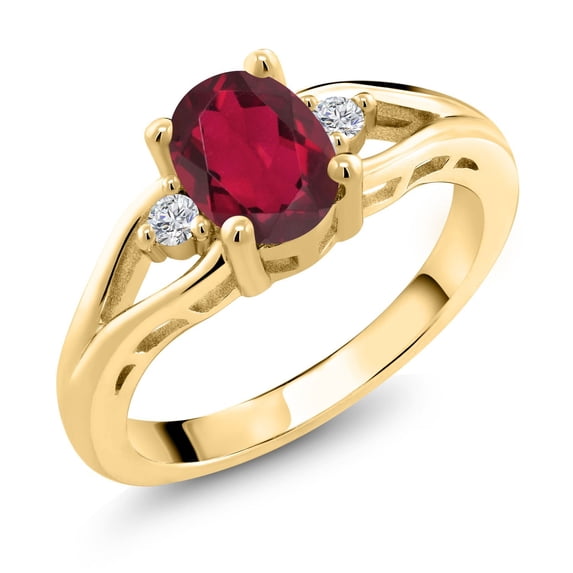18K Yellow Gold Plated Silver Ruby Red Mystic Topaz and White Lab Grown Diamond 3 Stone Engagement Ring for Women | 1.38 Cttw | Oval 8X6MM | Round 2MM | Gemstone November Birthstone | Size 7