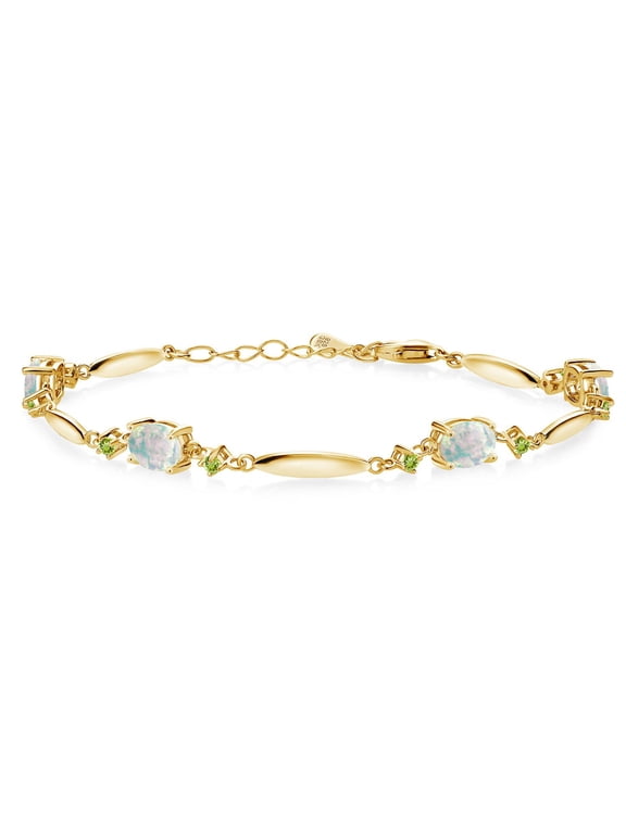 18K Yellow Gold Plated Silver Simulated White Opal and Green Peridot Tennis Bracelet for Women | 4.40 Cttw | Gemstone October Birthstone | Oval Cabochon 7X5MM | 6 inch + 1 inch Extender