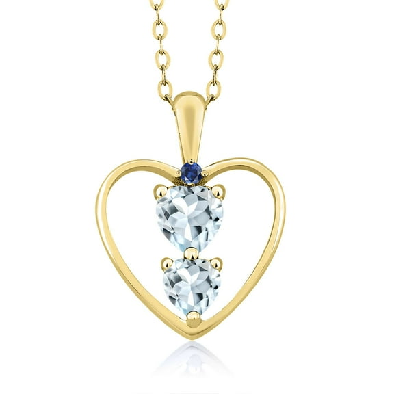 18K Yellow Gold Plated Silver Sky Blue Aquamarine and Blue Created Sapphire Pendant Necklace for Women (0.67 Cttw, Gemstone March Birthstone, Heart 5MM and 4MM, with 18 inch Silver Chain)