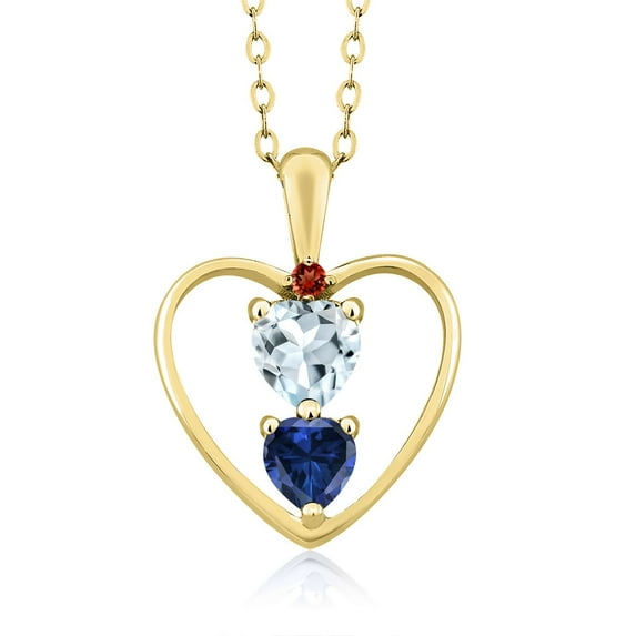 18K Yellow Gold Plated Silver Sky Blue Aquamarine Blue Created Sapphire and Red Garnet Pendant Necklace for Women (0.92 Cttw, Gemstone March Birthstone, Heart 5MM and 4MM, with 18 inch Silver Chain)
