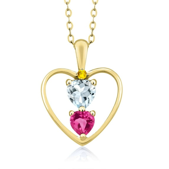 18K Yellow Gold Plated Silver Sky Blue Aquamarine Pink Created Sapphire and Yellow Sapphire Pendant Necklace for Women (0.92 Cttw, Gemstone Birthstone, Heart 5MM and 4MM, with 18 inch Silver Chain)