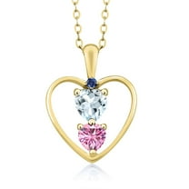 18K Yellow Gold Plated Silver Sky Blue Aquamarine Pink Moissanite and Blue Created Sapphire Pendant Necklace for Women (0.67 Cttw, Gemstone Birthstone, Heart 5MM and 4MM, with 18 inch Silver Chain)