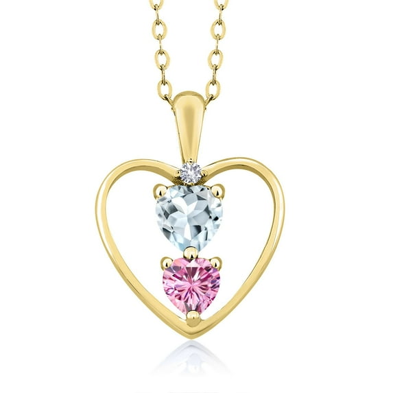 18K Yellow Gold Plated Silver Sky Blue Aquamarine Pink Moissanite and White Created Sapphire Pendant Necklace for Women (0.67 Cttw, Gemstone Birthstone, Heart 5MM and 4MM, with 18 inch Silver Chain)