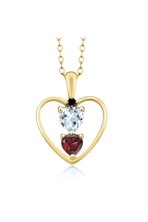 18K Yellow Gold Plated Silver Sky Blue Aquamarine Red Garnet and Black Diamond Pendant Necklace for Women (0.75 Cttw, Gemstone March Birthstone, Heart 5MM and 4MM, with 18 inch Silver Chain)