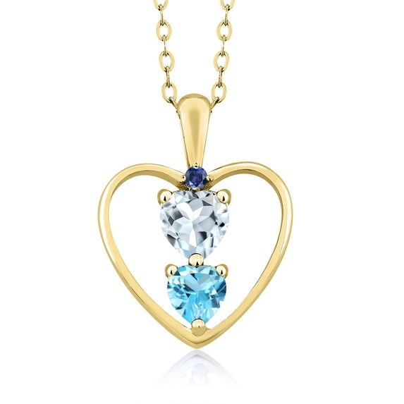 18K Yellow Gold Plated Silver Sky Blue Aquamarine Swiss Blue Topaz and Blue Created Sapphire Pendant Necklace for Women (0.75 Cttw, Gemstone Birthstone, Heart 5MM and 4MM, with 18 inch Silver Chain)