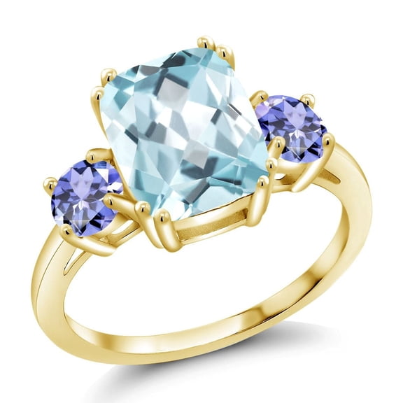 Gem Stone King 18K Yellow Gold Plated Silver Sky Blue Simulated Aquamarine and Blue Tanzanite 3 Stone Ring for Women (3.46 Cttw, Cushion Cut 10X8MM, Round 4.5MM, Gemstone, Size 9)
