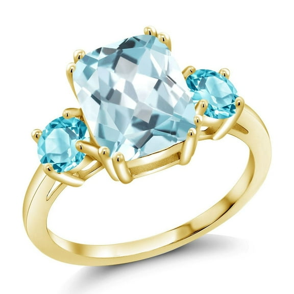 Gem Stone King 18K Yellow Gold Plated Silver Sky Blue Simulated Aquamarine and Swiss Blue Topaz 3 Stone Ring for Women (3.70 Cttw, Cushion Cut 10X8MM, Round 4.5MM, Gemstone, Size 7)