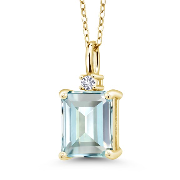 18K Yellow Gold Plated Silver Sky Blue Simulated Aquamarine and White Created Sapphire Pendant Necklace for Women (4.27 Cttw, Gemstone Birthstone, Emerald Cut 10X8MM with 18 inch Silver Chain)