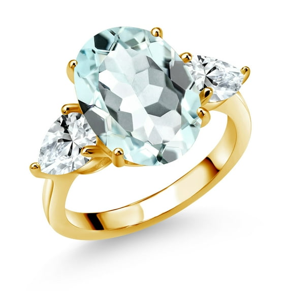 Gem Stone King 18K Yellow Gold Plated Silver Sky Blue Simulated Aquamarine and White Created Sapphire Ring for Women (7.70 Cttw, 14X10MM Oval and 7X5MM Pear Shape, Gemstone, Size 8)