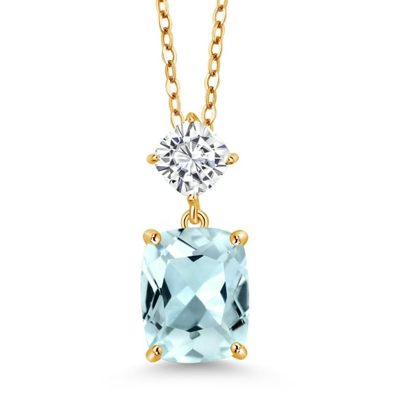 18K Yellow Gold Plated Silver Sky Blue Simulated Aquamarine and White Moissanite Pendant Necklace for Women (3.33 Cttw, Gemstone Birthstone, Cushion Cut: 10X8MM and 5MM, with 18 inch Silver Chain)