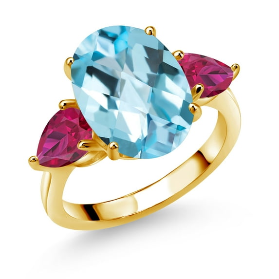 18K Yellow Gold Plated Silver Sky Blue Topaz and Red Created Ruby Ring for Women (9.20 Cttw, 14X10MM Oval Checkerboard and 7X5MM Pear Shape, Gemstone November Birthstone, in Size 5, 6, 7, 8, 9)