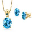 thumbnail image 1 of 18K Yellow Gold Plated Silver Swiss Blue Topaz and Blue Diamond Pendant and Earrings Jewelry Set for Women (7.03 Cttw, Gemstone Birthstone, Oval 11X9MM and 8X6MM with 18 inch Silver Chain), 1 of 3