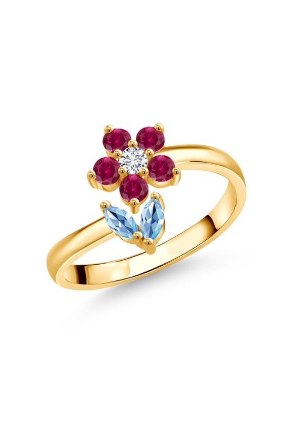 18K Yellow Gold Plated Silver Swiss Blue Topaz Red Created Ruby and White Lab Grown Diamond Flower Open Ring for Women | 0.54 Cttw | Gemstone November Birthstone | Available in Size 5-9
