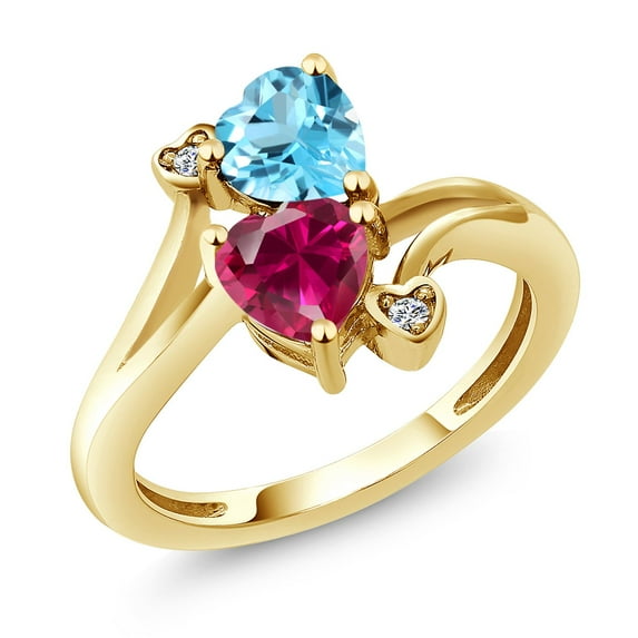Gem Stone King 18K Yellow Gold Plated Silver Swiss Blue Topaz Red Created Ruby and White Lab Grown Diamond Ring for Women (1.94 Cttw, Heart Shape 6MM, Gemstone November Birthstone, Size 5)