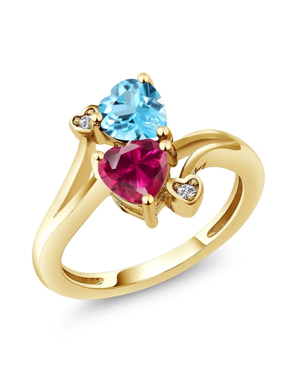 18K Yellow Gold Plated Silver Swiss Blue Topaz Red Created Ruby and White Lab Grown Diamond Ring for Women (1.94 Cttw, Heart Shape 6MM, Gemstone November Birthstone, Size 7)