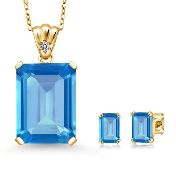18K Yellow Gold Plated Silver Swiss Blue Topaz and White Diamond Pendant and Earrings Jewelry Set for Women (17.43 Cttw, Gemstone November Birthstone, Octagon 18X13MM and 6X4MM, with 18 inch Chain)