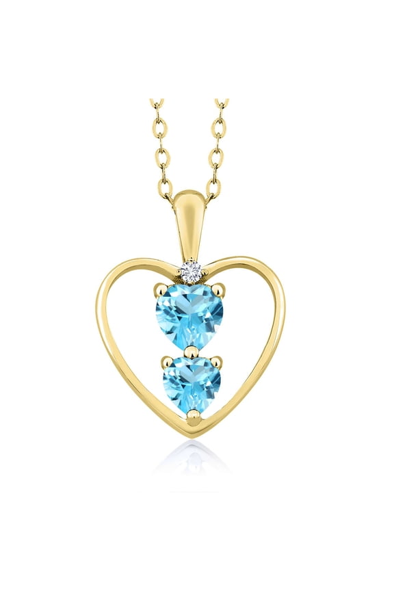 18K Yellow Gold Plated Silver Swiss Blue Topaz and White Lab Grown Diamond Pendant Necklace for Women (0.89 Cttw, Gemstone November Birthstone, Heart 5MM and 4MM, with 18 inch Silver Chain)