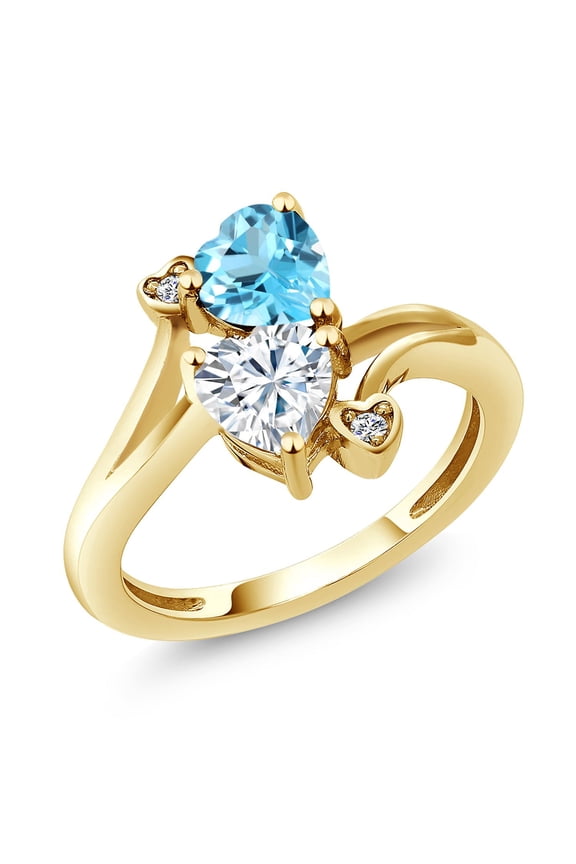 18K Yellow Gold Plated Silver Swiss Blue Topaz White Moissanite and White Diamond Ring for Women (1.78 Cttw, Heart Shape 6MM, Gemstone November Birthstone, Size 9)