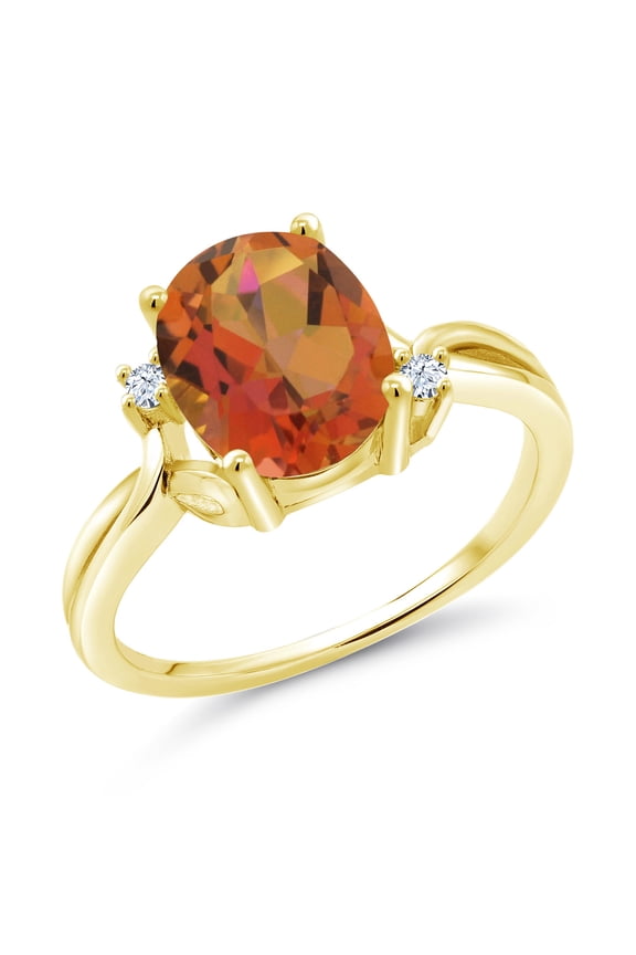 18K Yellow Gold Plated Silver Twilight Orange Mystic Quartz and White Created Sapphire 3 Stone Ring for Women (2.73 Cttw, Oval 10X8MM, Gemstone Birthstone, Size 9)