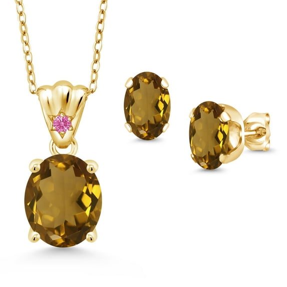 18K Yellow Gold Plated Silver Whiskey Quartz and Pink Zirconia Pendant and Earrings Jewelry Set for Women (5.03 Cttw, Gemstone Birthstone, Oval 11X9MM and 8X6MM with 18 inch Silver Chain)