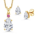 thumbnail image 1 of 18K Yellow Gold Plated Silver White Moissanite and Pink Created Sapphire Pendant and Earrings Jewelry Set for Women | 4.46 Cttw | Gemstone Birthstone | Pear Shape 12X8MM and 7X5MM | with 18 inch Chain, 1 of 3