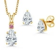 thumbnail image 1 of 18K Yellow Gold Plated Silver White Moissanite and Pink Lab Grown Diamond Pendant and Earrings Jewelry Set for Women | 2.72 Cttw | Gemstone Birthstone | Pear Shape 9X6MM | With 18 inch Chain, 1 of 3
