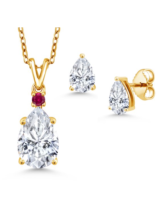 18K Yellow Gold Plated Silver White Moissanite and Red Created Ruby Pendant and Earrings Jewelry Set for Women | 4.47 Cttw | Gemstone Birthstone | Pear Shape 12X8MM and 7X5MM | with 18 inch Chain