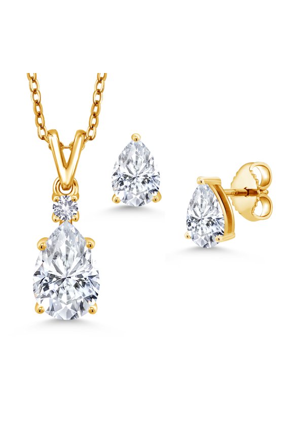 18K Yellow Gold Plated Silver White Moissanite and White Created Sapphire Pendant and Earrings Jewelry Set for Women (3.36 Cttw, Gemstone Birthstone, Pear Shape 10X7MM and 7X5MM, with 18 inch Chain)
