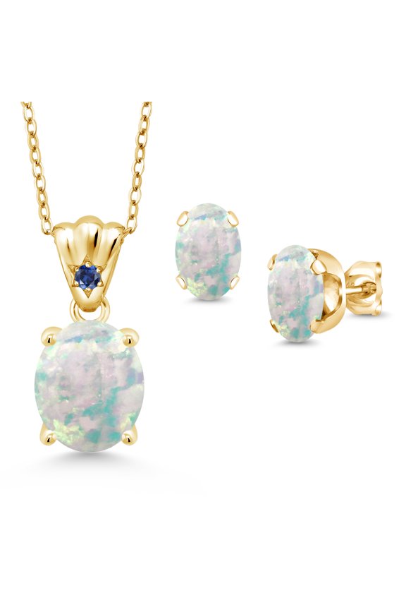 18K Yellow Gold Plated Silver White Opal and Blue Created Sapphire Pendant and Earrings Jewelry Set for Women (4.05 Cttw, Gemstone Birthstone, Oval Cabochon 11X9MM and 8X6MM with 18 inch Silver Chain)