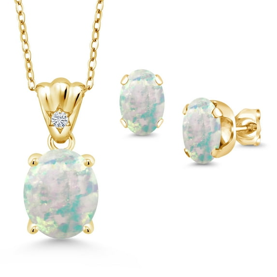 18K Yellow Gold Plated Silver White Opal and Lab Grown Diamond Pendant and Earrings Jewelry Set for Women (4.04 Cttw, Gemstone Birthstone, Oval Cabochon 11X9MM and 8X6MM with 18 inch Silver Chain)