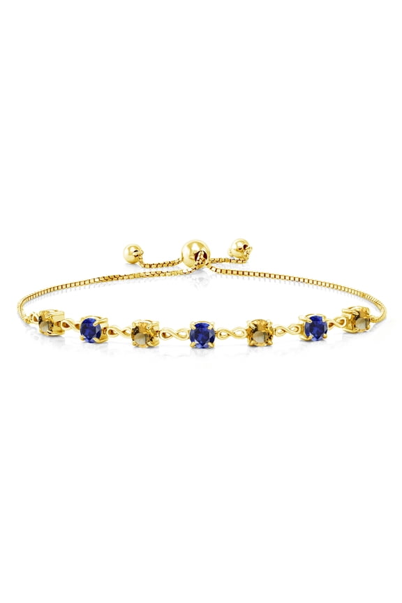 18K Yellow Gold Plated Silver Yellow Citrine and Blue Created Sapphire Infinity Tennis Bracelet for Women (2.33 Cttw, Gemstone November Birthstone, Round 4.5MM, Fully Adjustable up to 9 inch)