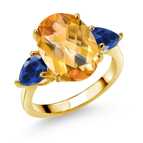 18K Yellow Gold Plated Silver Yellow Citrine and Blue Created Sapphire Ring for Women (7.73 Cttw, 14X10MM Oval Checkerboard and 7X5MM Pear Shape, Gemstone November Birthstone, in Size 5, 6, 7, 8, 9)