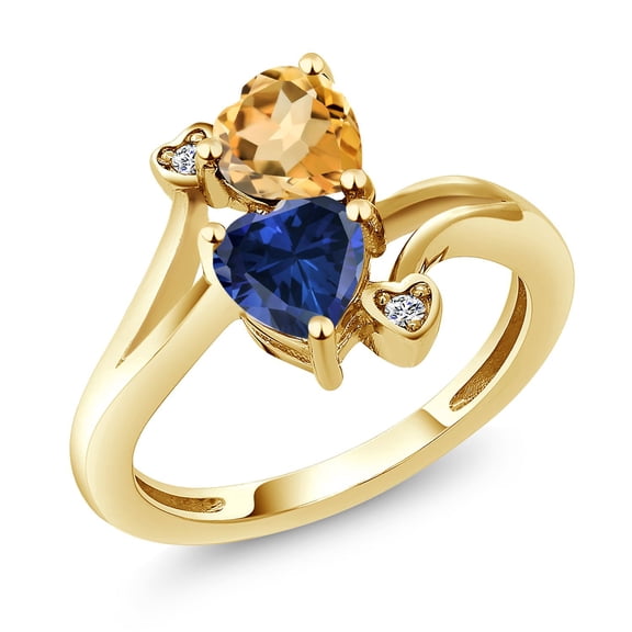 Gem Stone King 18K Yellow Gold Plated Silver Yellow Citrine Blue Created Sapphire and White Moissanite Ring for Women (1.48 Cttw, Heart Shape 6MM, Gemstone November Birthstone, Size 9)