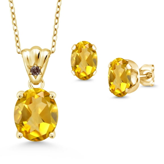 18K Yellow Gold Plated Silver Yellow Citrine and Fancy Brown Zirconia Pendant and Earrings Jewelry Set for Women (5.83 Cttw, Gemstone Birthstone, Oval 11X9MM and 8X6MM with 18 inch Silver Chain)